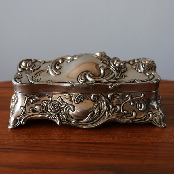 Vintage Godinger Silver Plate Jewelry Box Heavy Art Nouveau Rose Design Metal Lined Box