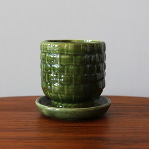 Haeger Green Basket Weave Planter with HTF Matching Saucer Mid Century Pottery