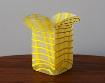 Vintage Frosted Yellow Plaid Vase MCM Heavy Glass Vase