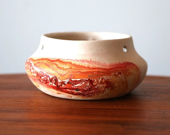 Vintage Nemadji Pottery Hanging Vase Handmade MCM Swirl Ceramic Pot Planter