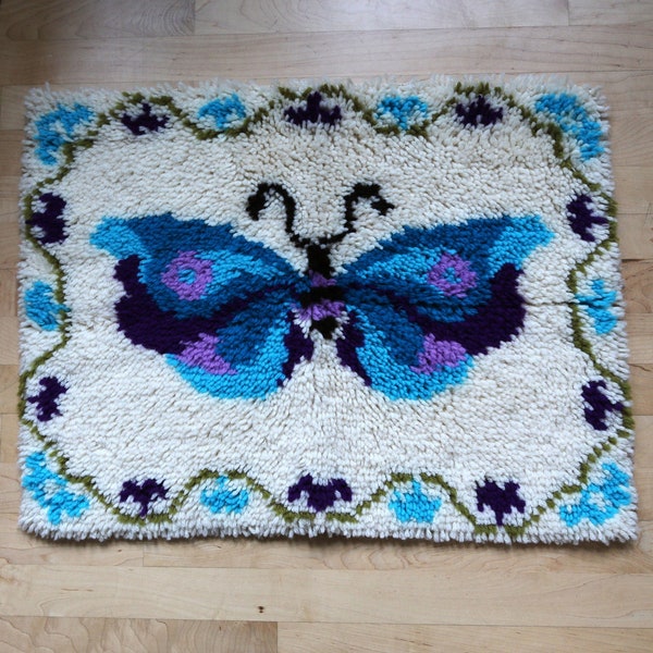 Vintage Butterfly Shag Rug / Wall Hanging 1960s / 1970s Handmade Latch Hook Tapestry Bath Mat 27x21