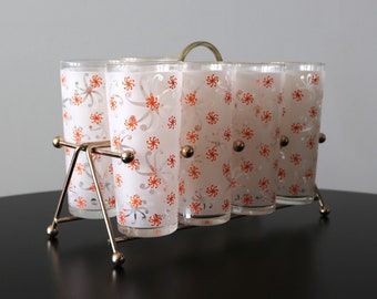 Set 8 Vintage MCM Frosted Pinwheel Tumblers with Metal Caddy / Carrier Mid Century Modern Drinking Glasses