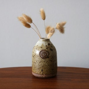 May include: A small, speckled brown and white ceramic vase with a brown circular design on the front. The vase is filled with dried beige pampas grass.