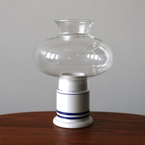Dansk Bistro Christianshavn White + Blue Ceramic Hurricane Lamp Mid Century Modern Candle Holder Vintage Table Decor - Two Available
