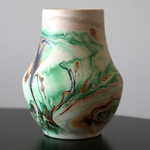 Vintage Nemadji Pottery Vase Handmade MCM Green / Orange Swirl Ceramic Pot