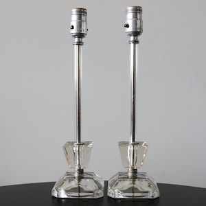 Pair Vintage Faceted Cut Glass Candlestick Boudouir Lamps Hollywood Regency MCM Bedside Art Deco Table Lamps Working