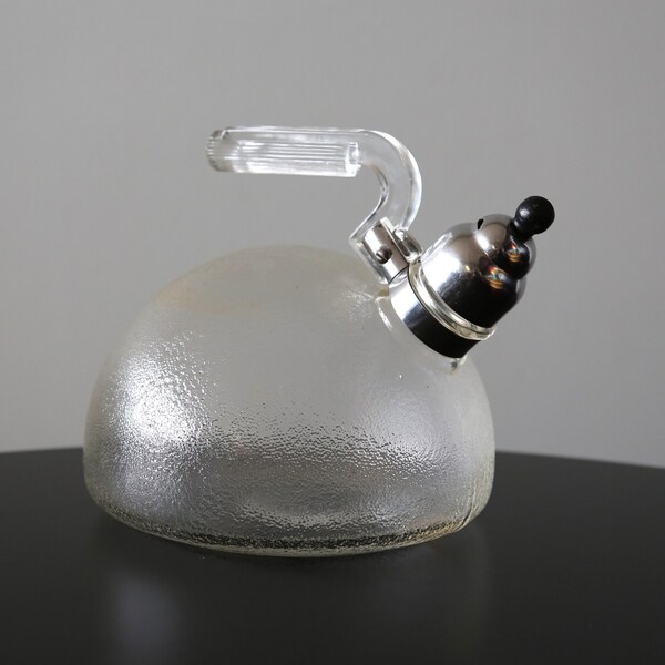 Art Deco Whistling Tea Kettle McKee Glasbake "Crystal" Flamex Textured Glass 1940s Modernist Retro Kitchen Ware