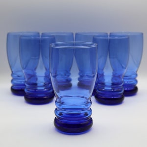 Set 7 Libbey Cobalt Blue Bangle Tumblers 16 oz. Glasses Mid Century Modern Glassware Art Deco Barware