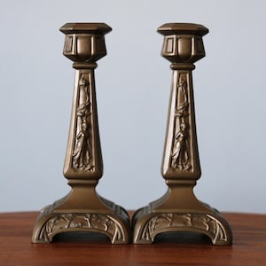 Pair Bronze Spelter Candlesticks Art Nouveau / Arts + Crafts Design