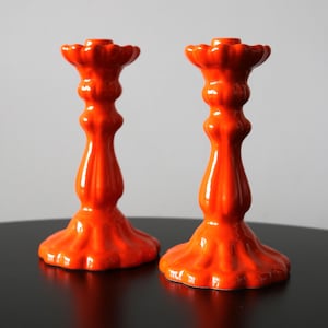 1970s Italian Bright Orange Candlestick Holders PV Peasant Village Italy Mid Century Ceramics Mittledofer #75354
