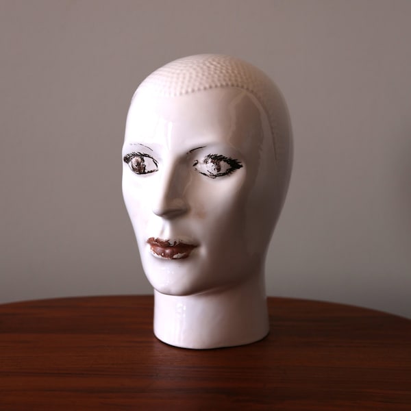 Vintage Ceramic Mannequin Head White Royal Crown Design 1970s 1980s Headphone Display Mid Century Modern Ceramics