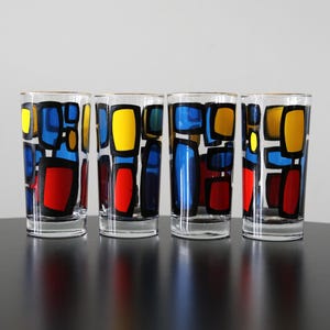 Post Modern Set 4 Tumblers Vintage Glass Highball Cocktail Glasses Memphis Milano 1990s
