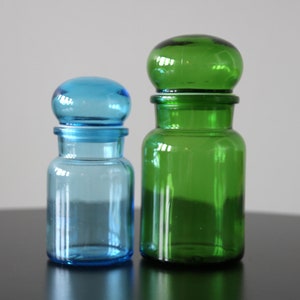 Pair Belgian Apothecary Jars Vintage Emerald Green + Aqua Blue Canisters with Bubble Lids