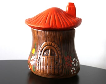 Vintage Fairy Cottage Cookie Jar MCM 1970s Ceramic Mushroom Canister