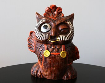 Vintage Winking + Waving Owl Cookie Jar Mid Century Handpainted Ceramic Canister 1970s California Originals