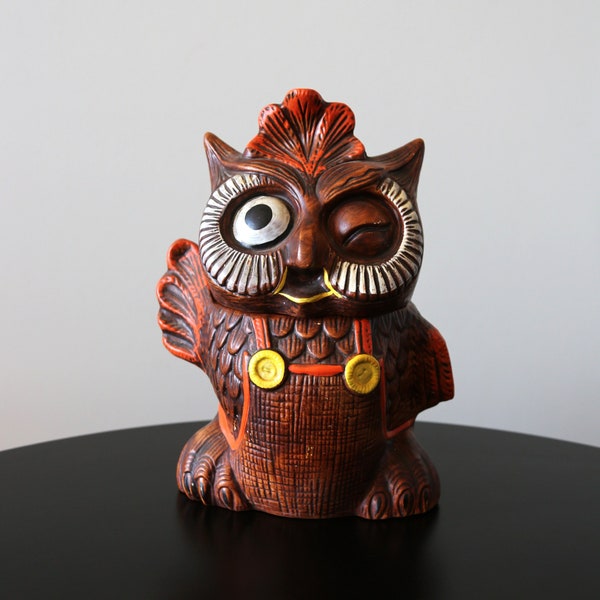 Vintage Winking + Waving Owl Cookie Jar Mid Century Handpainted Ceramic Canister 1970s California Originals