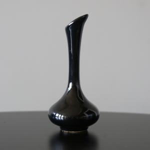 Puede incluir: Un elegante jarrón de cerámica negra con un acabado brillante. El jarrón tiene un cuello delgado y alargado que se curva con gracia hacia un lado, y una base redondeada. El jarrón se exhibe sobre una superficie oscura.