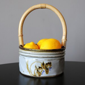 Puede incluir: Una cesta de cerámica con asa de bambú contiene tres limones amarillos brillantes. La cesta es de color azul claro con diseños florales marrones y morados. La cesta está sobre una superficie oscura.