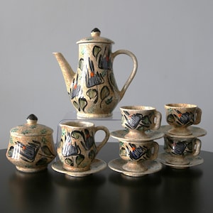 1950s Rare Vallauris France Coffee / Tea Set Coffee Pot, Creamer + Sugar, 4 Cups, 5 Saucers Handpainted / Signed Mid Century Coffee Service