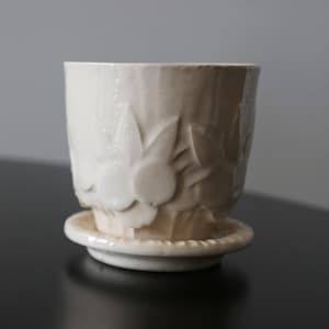 Vintage McCoy Pottery Sand Dollar Planter Glossy Cream Ceramic Pot with Attached Saucer 1940s Art Deco