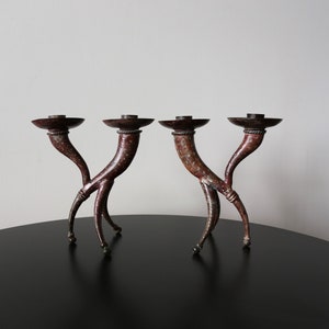 Pair Brutalist Metal Biomorphic Candelabras Handmade Mid Century Three-Legged Candle Holders