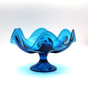 Vintage Viking Glass Bluenique Bowl: MCM Turquoise Pedestal Compote