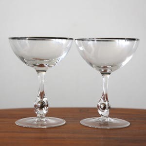 Handmade Champagne Coupe Glasses: Platinum Band, Silver Ball Stem