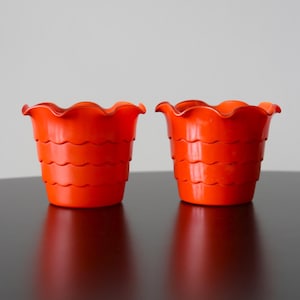Pair Fire King Small Orange Planters Vintage Anchor Hocking Glass Scalloped / Ruffled Edge Art Deco Pots