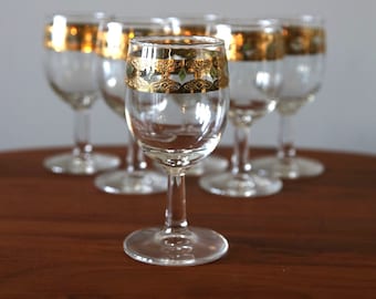 Juego de 6 copas de vino Culver Valencia en oro de 22 quilates, diseño moderno de mediados de siglo