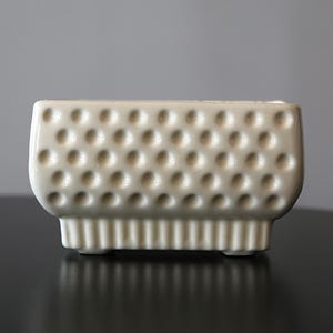 May include: A rectangular, off-white ceramic planter with a textured, dimpled surface. The planter has a ribbed base and sits on four small feet. The neutral color and unique texture make it a versatile piece for home decor.
