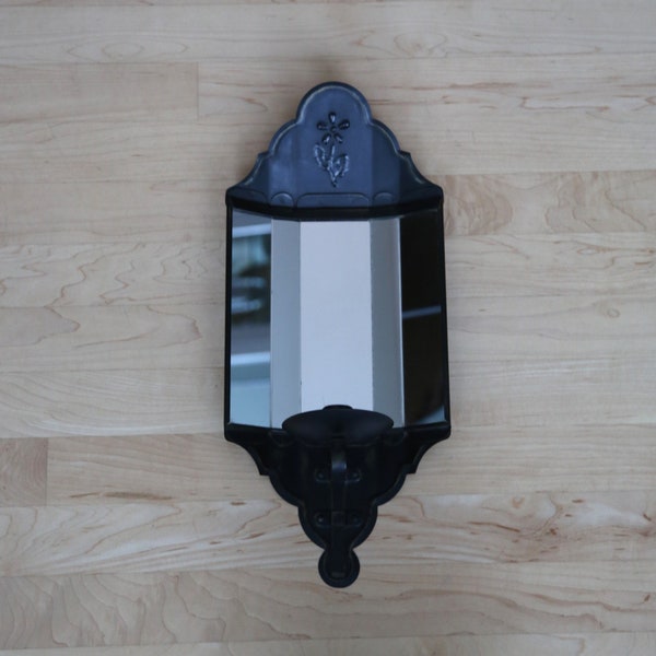 Vintage Metal Wall Candle Sconce with Mirrors Black 1970s Candleholder