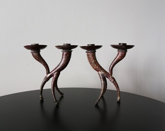 Pair Brutalist Metal Biomorphic Candelabras Handmade Mid Century Three-Legged Candle Holders