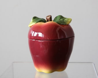 Vintage Small Red Apple Ceramic Canister MCM Treat Jar Kitchen Storage