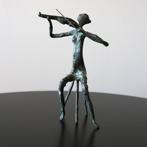 Vintage Bronze Violinist Sculpture Bill Jauquet 1998 Verdigris Finish Large Modern Brutalist Abstract Figurine