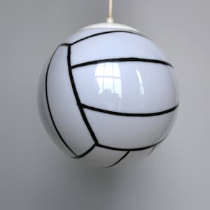 Mid Century Glass Globe Pendant Lamp Vintage 9&quot; White Light Fixture Rare Soccer Ball Motif