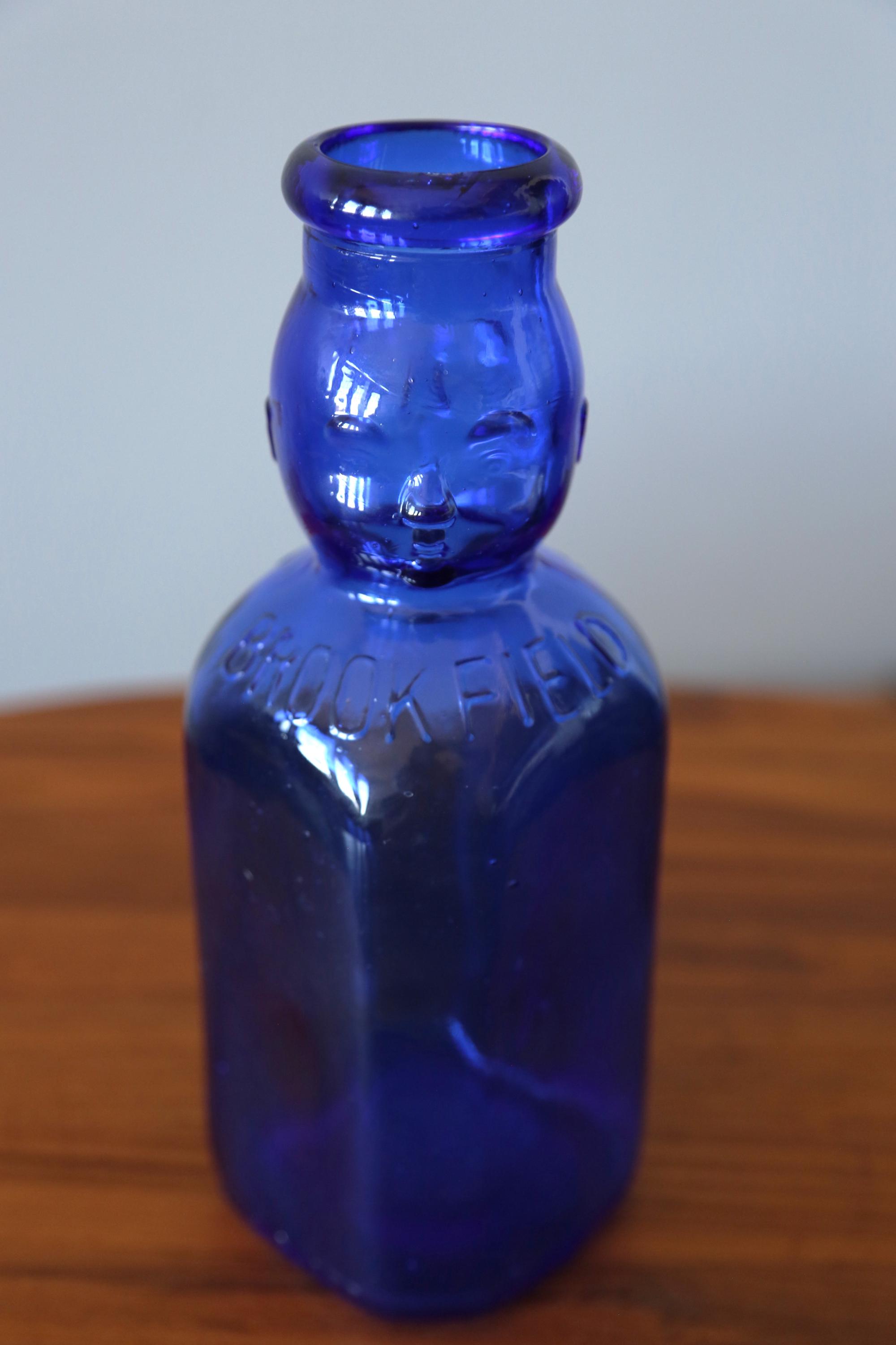 Vintage Brookfield Baby Face Top Milk Bottle Cobalt Blue Glass One