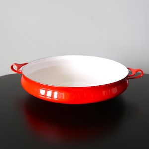 Large Dansk Kobenstyle Paella Pan Cherry Red + White Enamel Jen Quistgaard Danish Modern 13.25&quot; D Mid Century Cookware