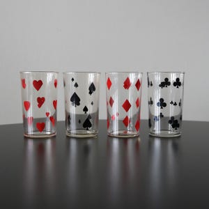 Vintage Libbey speelkaart pak cocktail-/sapglazen rood en zwart 8 oz bekers complete set van vier bargerei uit het midden van de eeuw