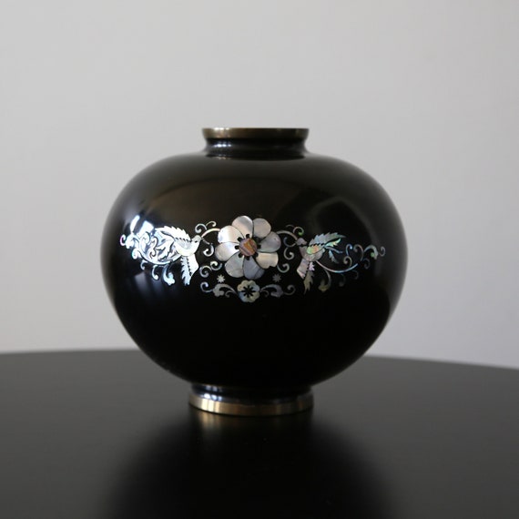 Vintage Black Enamel on Brass Vase with Abalone Shell Inlay Birds and Floral Design
