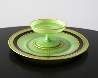 Art Deco Schaal + Dipschaaltje Jade Groen/Zwart/Goud Glas jaren 30