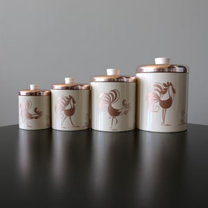 Set 4 Ransburg Rooster Canisters Mid Century Hand Painted Nesting Tin Kitchen Storage