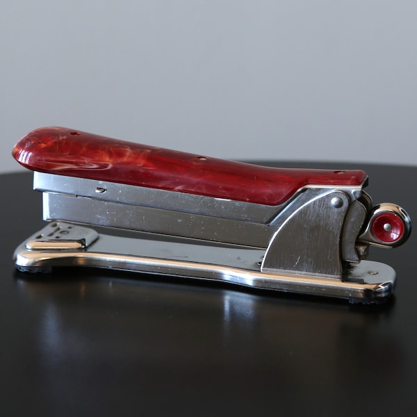 Vintage Ace Liner Stapler Model 502 Rare Red/Burgundy Marble Bakelite Handle Art Deco Office 1940s