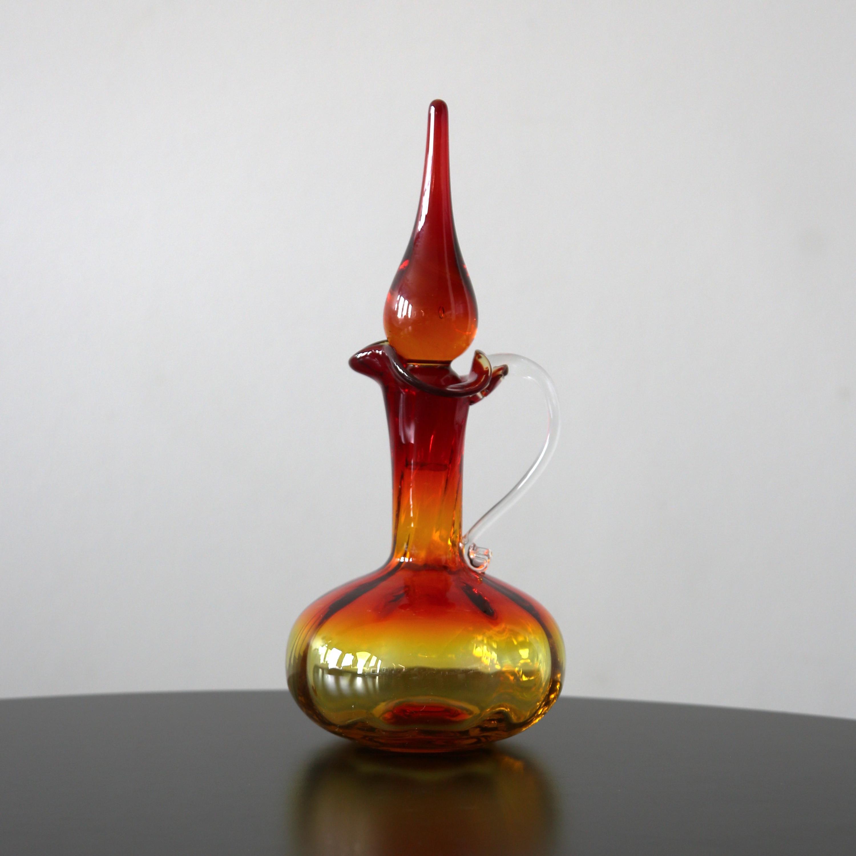 MCM Amberina Art Glass Decanter With Stopper, Mid Century Genie