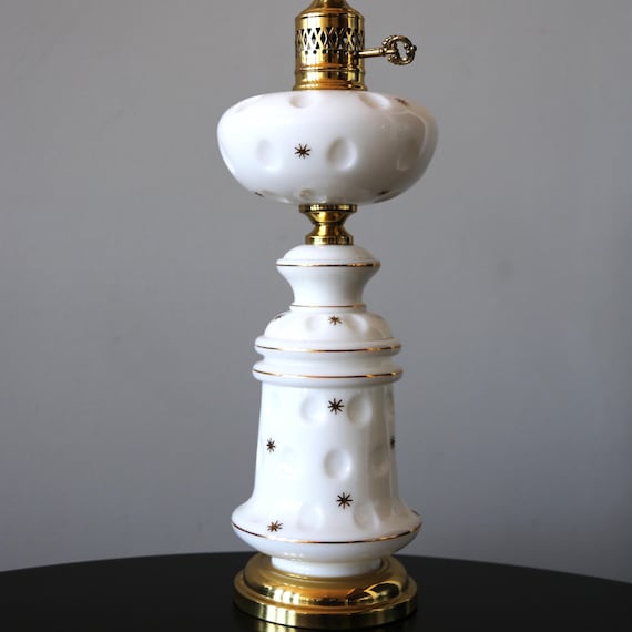 Vintage 1950s Atomic Sputnik Milk Glass Lamp, Gold Starburst Mid