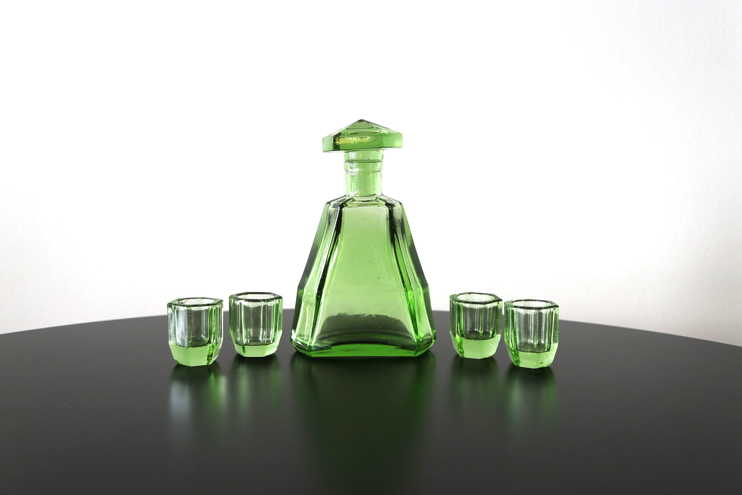 Moser Art Deco Emerald Green Liqueur Set: Vintage Czech Decanter