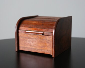 Mid Century Small Teak Wood Tambour Storage Box Desk Organizer Kitchen Storage Danish Modern Design