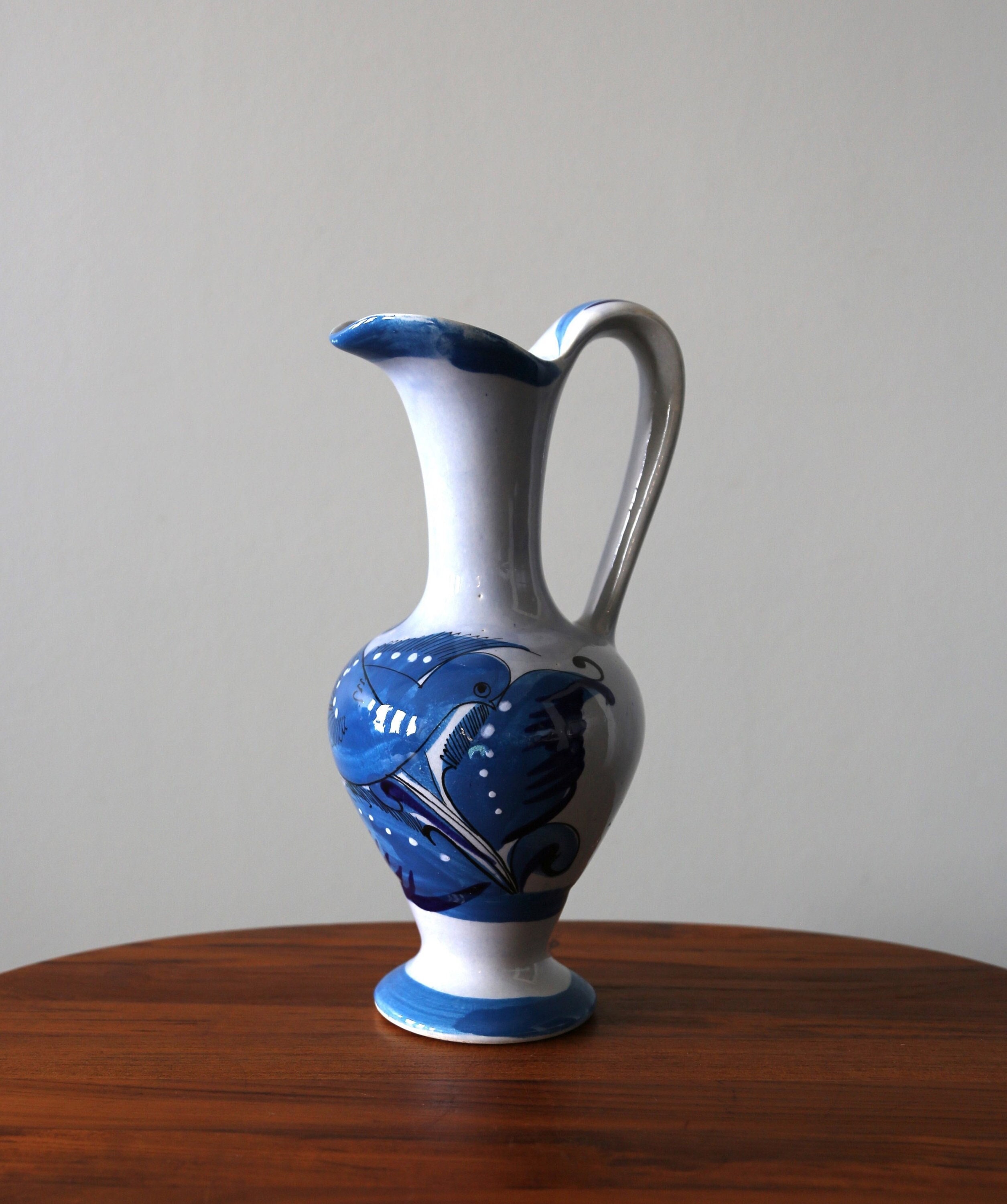 Vintage Mexican Tonala Large Carafe Blue Bird Design Ken Edwards Ceramic Hand Painted Pitcher