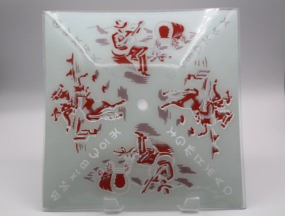 Vintage 1950s Cowboy Ceiling Light Glass Shade Burgundy Red Mid