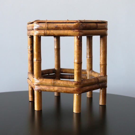 Vintage Tortoise Bamboo Side Table Hexagon Asian Handmade Plant Stand