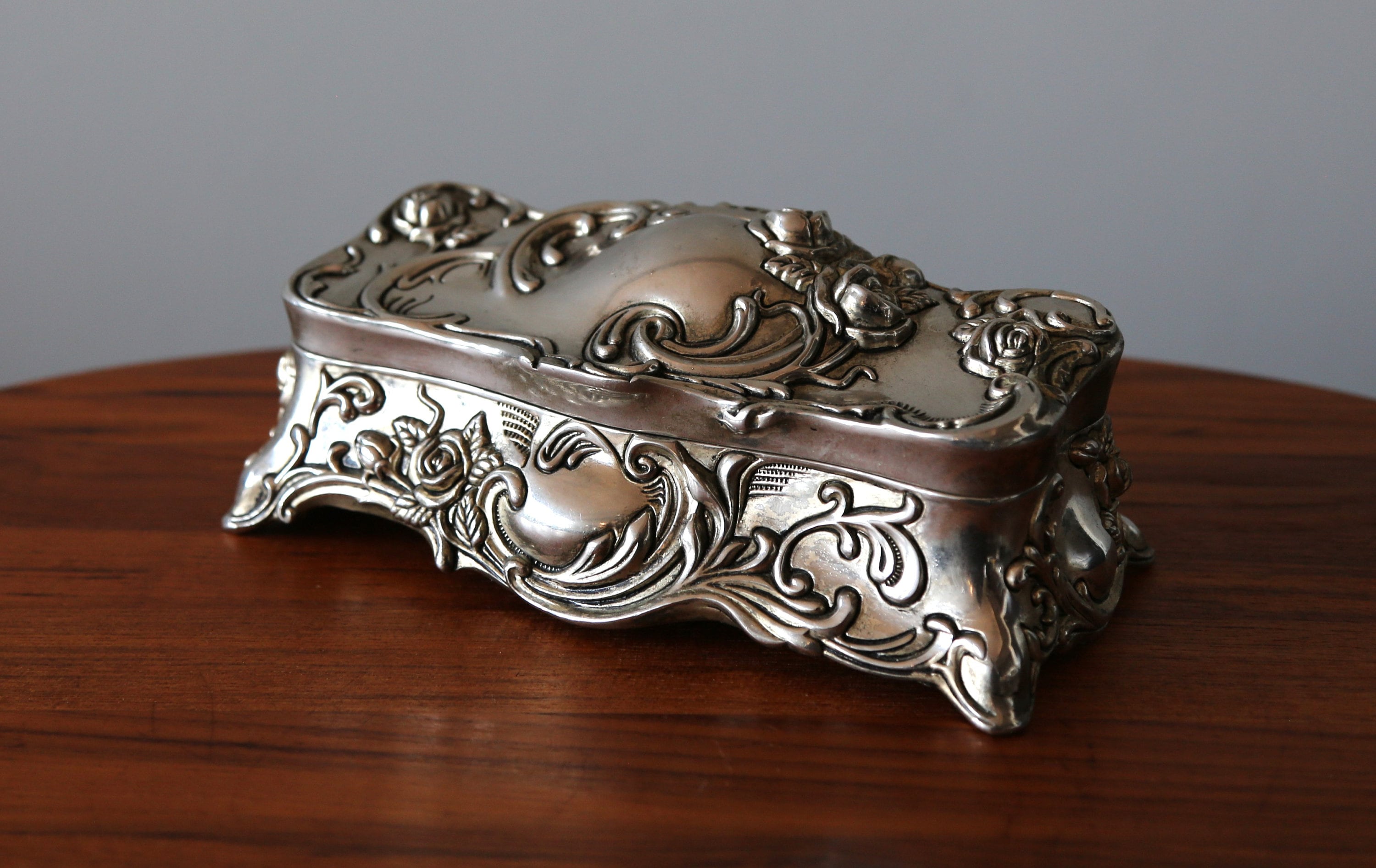Vintage Godinger Silver Plate Jewelry Box Heavy Art Nouveau Rose 
